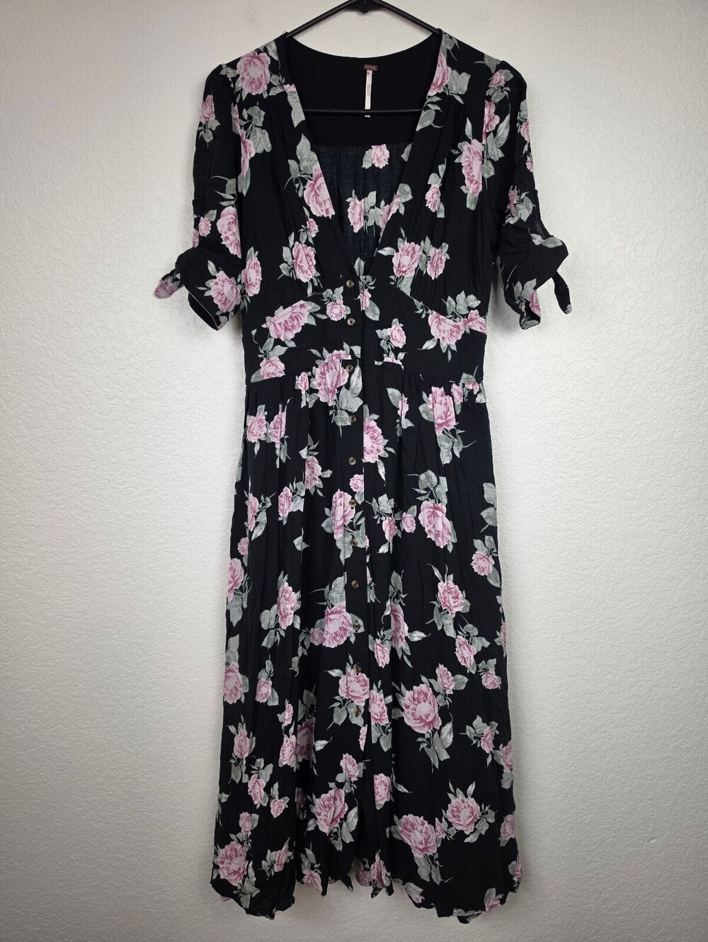 Free People Black and Pink Floral Rayon Midi Dress